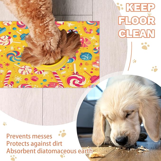 Lollipop Dog Food Mat for Floors Absorbent Dog Bowl Mat for Food and Water Dispenser Quick Dry Cat Food Placemat Pet Supplies 16" x 24", Colorful Candy
