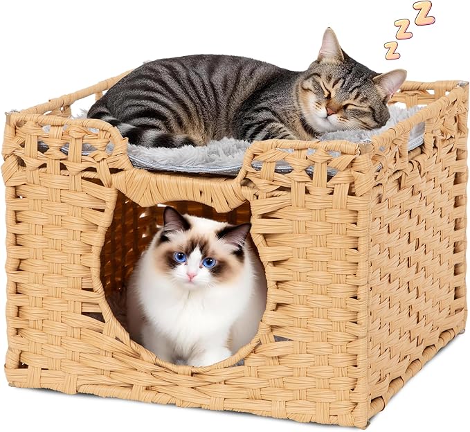 Handwoven Rattan Cat Cave w/Two Cushions, Cat Beds Indoor Kitten House, Wateproof & Foldable Pet Cube Bed, Natural Color, 16.5”L x 16.5”W x 12.6”H