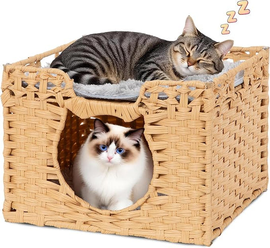 Handwoven Rattan Cat Cave w/Two Cushions, Cat Beds Indoor Kitten House, Wateproof & Foldable Pet Cube Bed, Natural Color, 16.5”L x 16.5”W x 12.6”H