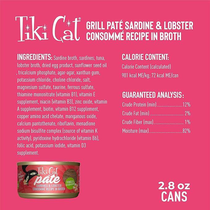 Tiki Cat Grill Pâté, Sardines & Lobster Consommé, High-Protein and 100% Non-GMO Ingredients, Wet Finely Minced Cat Food for All Life Stages, 2.8 oz. Cans (Pack of 12)