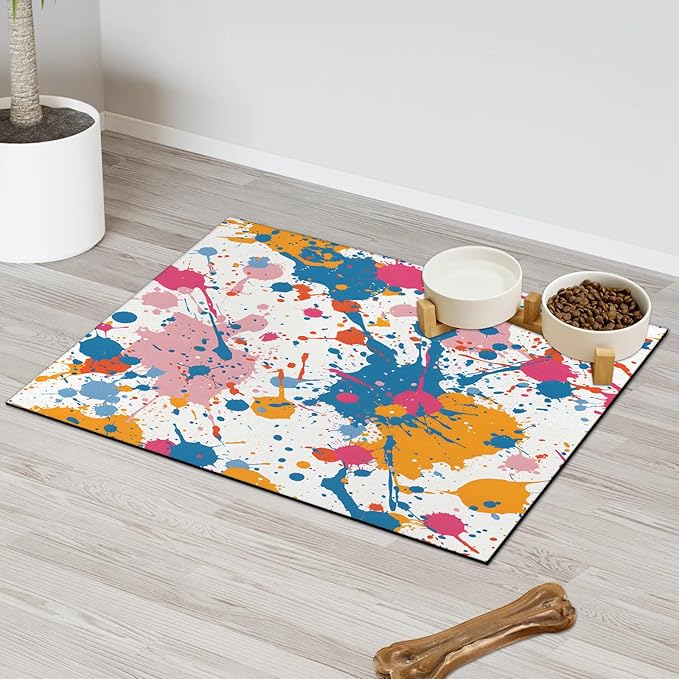 Colorful Graffiti Dog Food Mat for Floors Absorbent Dog Bowl Mat for Food and Water Dispenser Quick Dry Cat Food Placemat Pet Supplies 24" x 32", Rainbow