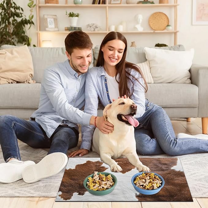 Cow Print Dog Food Mat for Floors Absorbent Dog Bowl Mat for Food and Water Dispenser Quick Dry Cat Food Placemat Pet Supplies 12" x 20", Brown Cow Skin