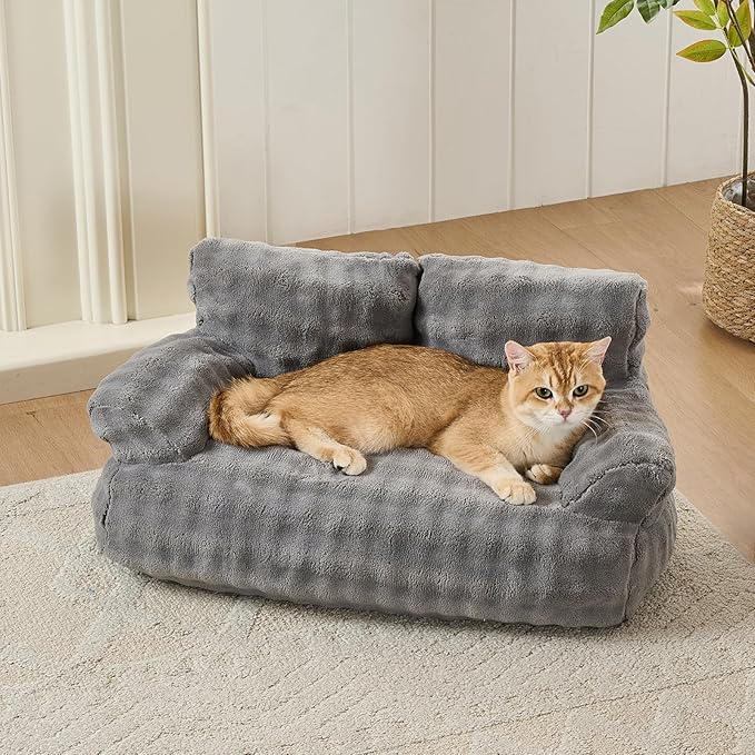 Cat Couch Bed, Cute Soft Pet Sofa for Indoor Cats Kittens Puppies with Removable Washable Cover, 26"x15", Grey