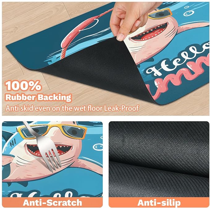 Funny Sharks Dog Food Mat for Floors Absorbent Dog Bowl Mat for Food and Water Dispenser Quick Dry Cat Food Placemat Pet Supplies 16" x 24", Hello Summer