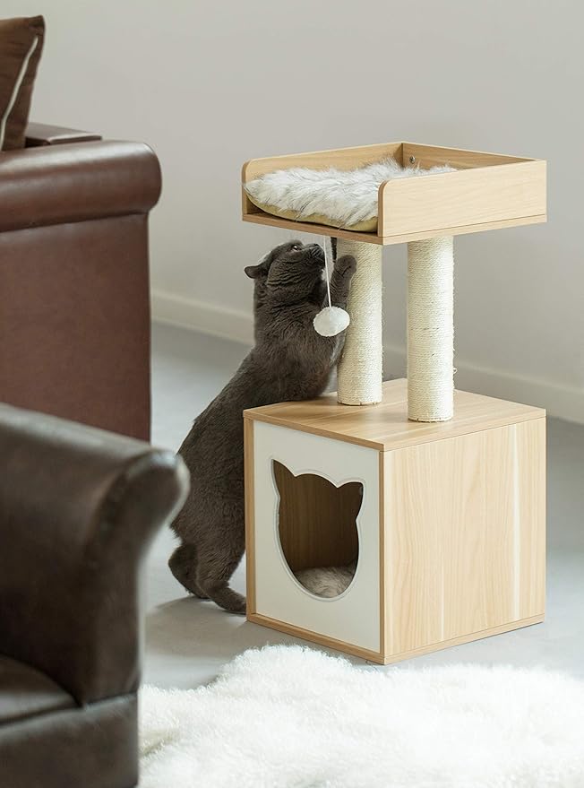 Cat Tree Play House Condo Cube Cave, Platform, Scratcher Post and Ball Toy