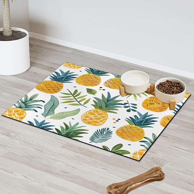 Pineapple Dog Food Mat for Floors Absorbent Dog Bowl Mat for Food and Water Dispenser Quick Dry Cat Food Placemat Pet Supplies 16" x 24", Tropical Summer Fruit
