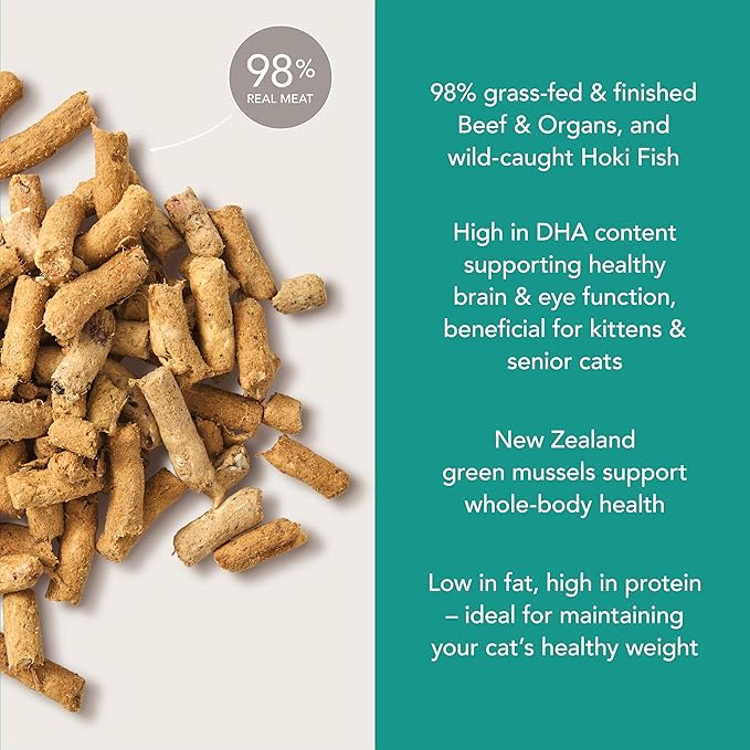 Feline Natural High Protein Dry Cat Food, Freeze-Dried Diet with 98% Meat, Organs & Seafood, No Peas, Grains, or Artificial Additives, Made in New Zealand, Beef & Hoki, 320g