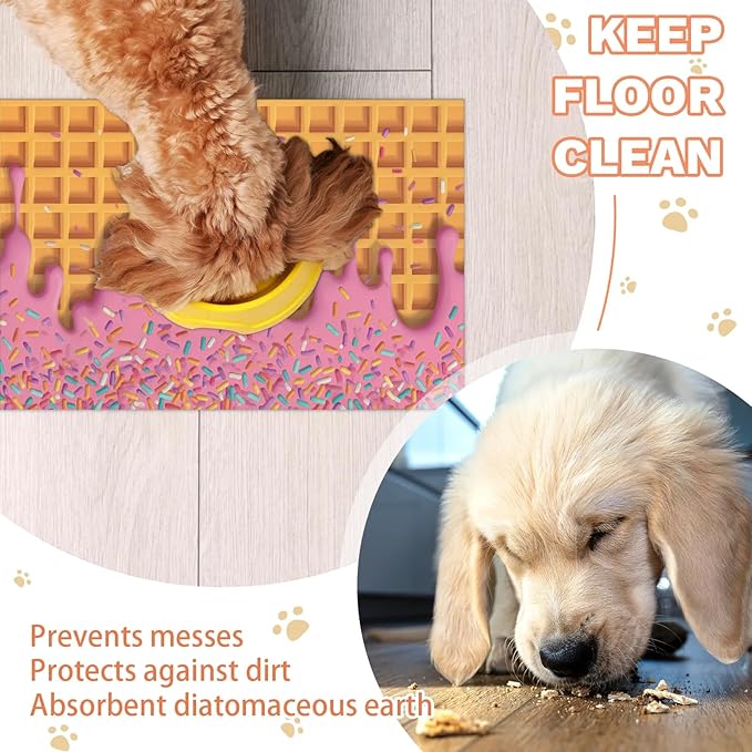 Ice Cream Dog Food Mat for Floors Absorbent Dog Bowl Mat for Food and Water Dispenser Quick Dry Cat Food Placemat Pet Supplies 17" x 30", Waffle
