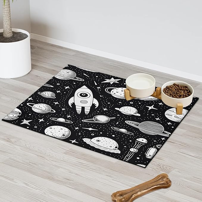 Outer Space Dog Food Mat for Floors Absorbent, Quick Dry Water Dispenser Mat for Food, Water, Pet Supplies 17" x 30", Space Rocket
