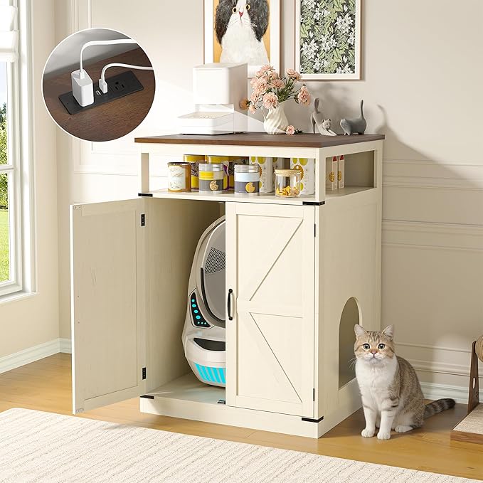 Large Litter Box Furniture with Charging Station and Shelves, Wooden Cat Litter Box Enclosure for Self-Cleaning Litter Boxes, White