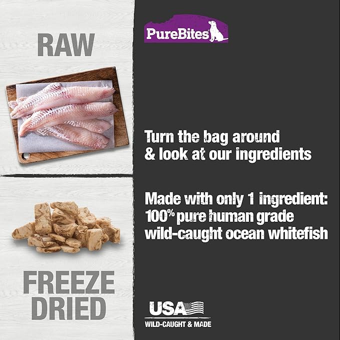 PureBites Whitefish Freeze Dried Dog Treats, 1 Ingredient, Made in USA, 7oz