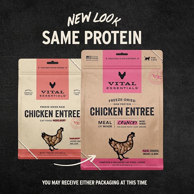 Vital Essentials Freeze Dried Cat Food, Raw Chicken Crunchy Mini Nibs | Complete Meal or Topper | 96% Chicken, Organs & Bone | Limited Ingredient, High Protein, Grain Free Dry Cat Food | 12 oz Bag