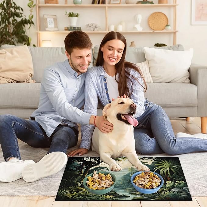 Tropical Rainforest Dog Food Mat for Floors Absorbent, Quick Dry Water Dispenser Mat for Food, Water, Pet Supplies 12" x 20", Green Forest
