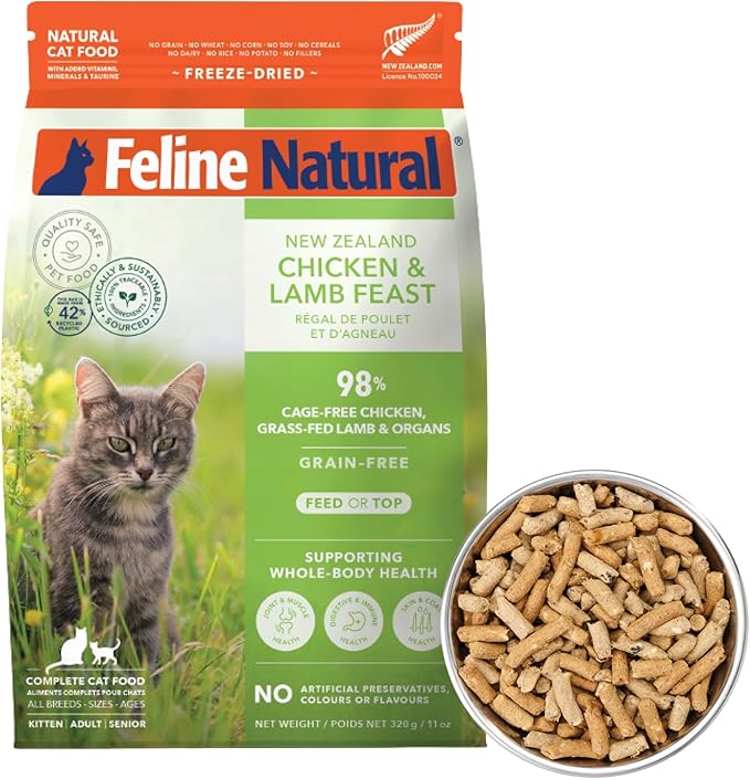 Feline Natural High Protein Dry Cat Food, Freeze-Dried Diet with 98% Meat, Organs & Seafood, No Peas, Grains, or Artificial Additives, Made in New Zealand, Chicken & Lamb, 11oz