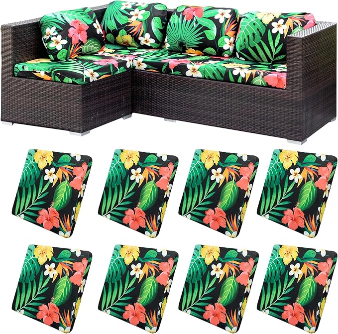 HANDONTIME Modern Plants Outdoor Cushion Covers 8pcs Green Leaves Black Couch Cushion Covers Replacement Patio Couch Cover Sofa Cover Indoor Patio Cushion for Outdoor Furniture Washable, Cover Only