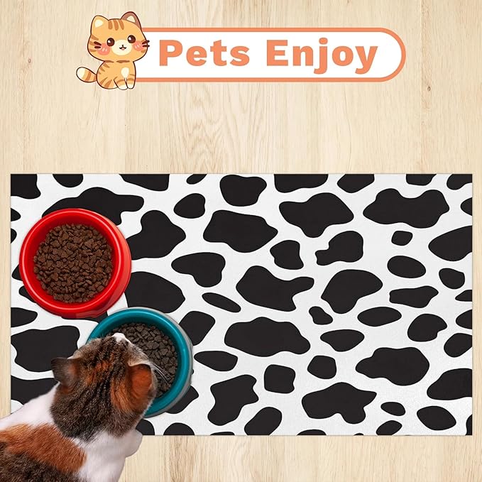 Cow Print Dog Food Mat for Floors Absorbent Dog Bowl Mat for Food and Water Dispenser Quick Dry Cat Food Placemat Pet Supplies 17" x 30", Black White Skin