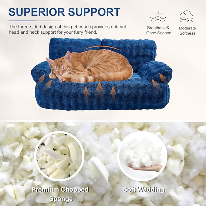 Cat Couch Bed, Cute Soft Pet Sofa for Indoor Cats Kittens Puppies with Removable Washable Cover, 26"x15", Navy Blue
