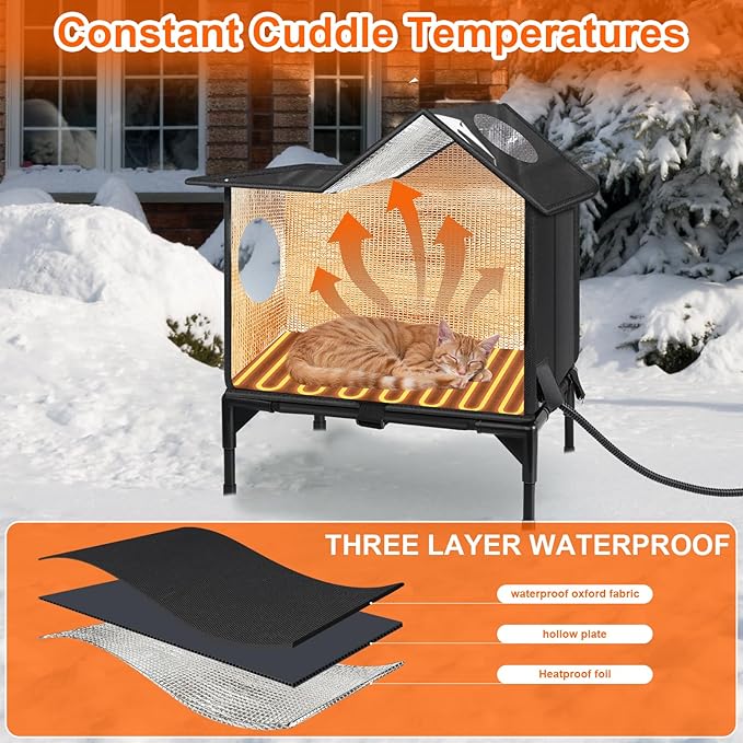 Heated Outdoor Cat House Weatherproof with Heating Pad, Insulated Feral Cat Houses for Outdoor Cats, Safe Escape Door, Heated Cats House for Outside, Outside Stray Cats Shelter with Elevated Base(S)