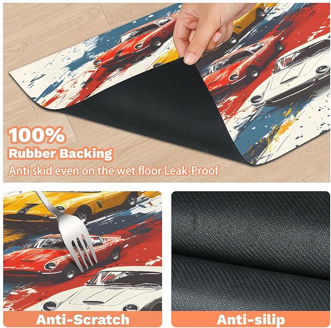 Race Car Dog Food Mat for Floors Absorbent, Quick Dry Water Dispenser Mat for Food, Water, Pet Supplies 24" x 32", Retro Car