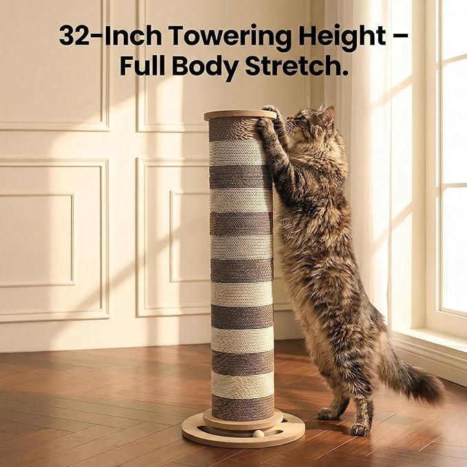 32” Tall Cat Scratching Post – Large Vertical Cardboard Cat Scratcher for Indoor Cats, Modular Replaceable Blocks, Heavy Stable Base, Modern Scratching Post for Adult & Large Cats