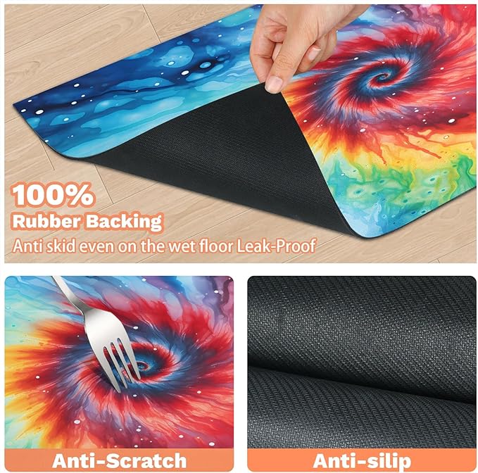 Tie Dye Dog Food Mat for Floors Absorbent, Quick Dry Water Dispenser Mat for Food, Water, Pet Supplies 12" x 20", Red Blue