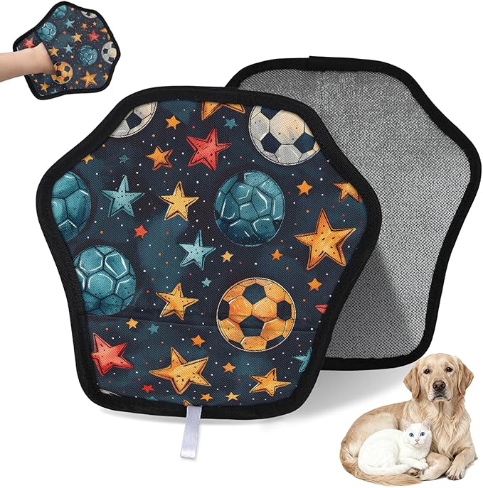 Reusable Pet Hair Removal Glove Stars Soccer Magic Brush for Cat & Dog Hair Remover for Car, Sofa, Bedding, Clothes - 9x9 Mitt Washable
