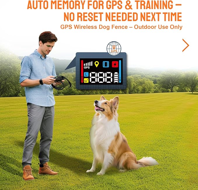 Wireless Dog Fence System. PetHey GPS Dog Collar Fence System,IPX7 Waterproof Collar, 25–999 Yd Adjustable Boundary, Auto Memory Setting,Vibration & Shock Collar for Dogs,Dog Fencing Outdoor for Yard