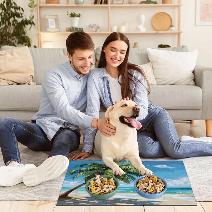 Hawaiian Seaside Dog Food Mat for Floors Absorbent, Quick Dry Water Dispenser Mat for Food, Water, Pet Supplies 17" x 30", Summer Palm Tree