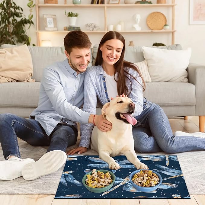 Boho Dragonfly Dog Food Mat for Floors Absorbent, Quick Dry Water Dispenser Mat for Food, Water, Pet Supplies 24" x 32", Galaxy Star