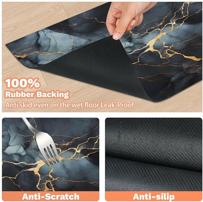 Black Marble Dog Food Mat for Floors Absorbent, Quick Dry Water Dispenser Mat for Food, Water, Pet Supplies 24" x 32", Abstract