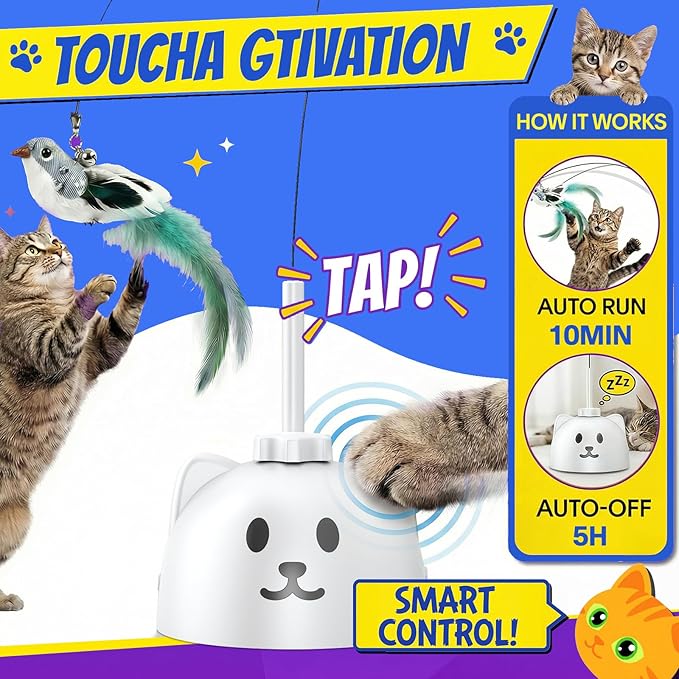 Interactive Cat Toys for Indoor Cats - Automatic Flying Bird Feather Toy, USB Rechargeable Electric Cat Teaser with Sticky Suction Base, Smart Motion Activated Self-Play Enrichment Toy for Bored Cats