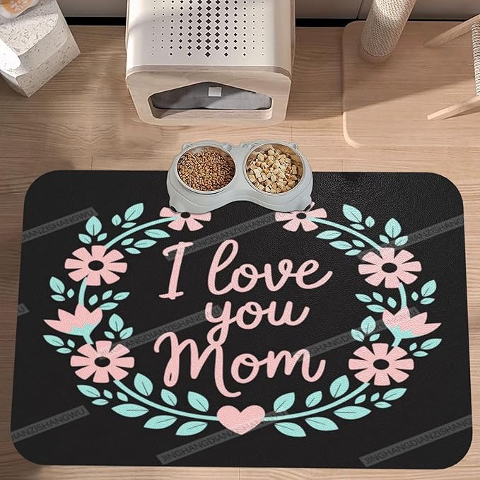 Pet Feeding Mat Happy Mother's Day Floral Gift for Mom Hj Dog Food Mat for Food Water No Stains Quick Dry Dispenser Cat Bowl Mats Messy Drinkers 24x16In