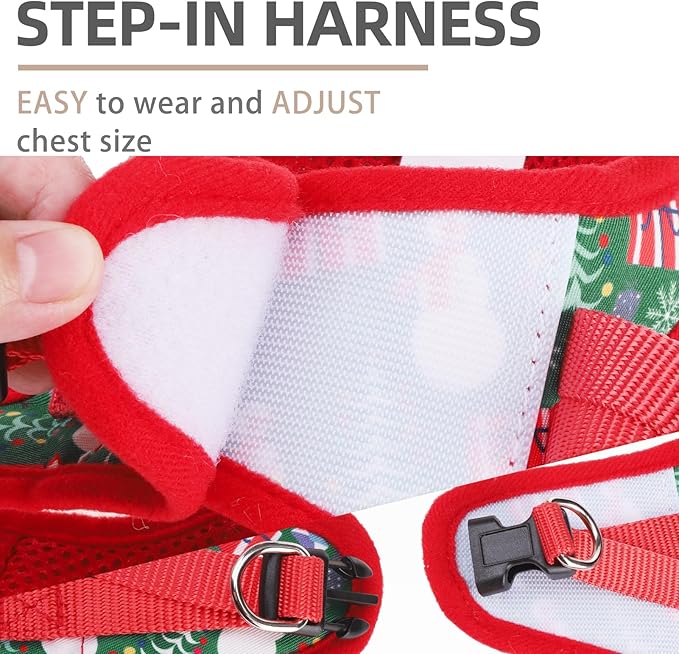 PUPTECK Adjustable Dog Harness Collar and Leash Set Step in No Pull Pet Harness for Small Medium Dogs Puppy and Cats Outdoor Walking Running, Soft Mesh Padded Reflective Vest Harnesses, Christmas, XXS