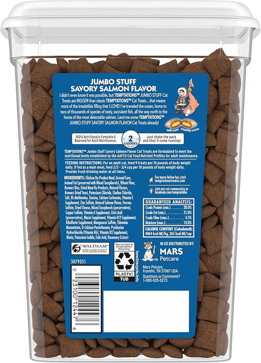 Temptations Jumbo Stuffed Cat Treats, Crunchy and Soft Cat Treats, Savory Salmon Flavor, 14 oz. Tub