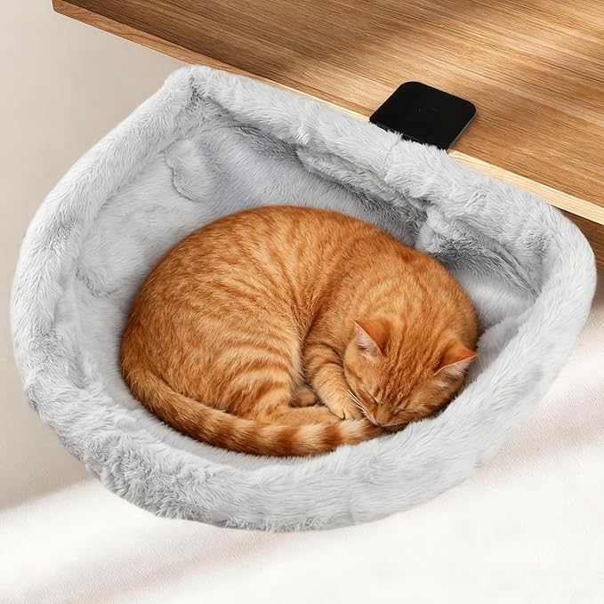 Cat Desk Bed for Remote Workers, 90° Foldable Washable Plush Cover Desk Perch Clamp, Sturdy Desktop Suspended Cat's Bed for Gaming Desks, Home Office, Maximum Hold Up to 40lb, Space-Saving