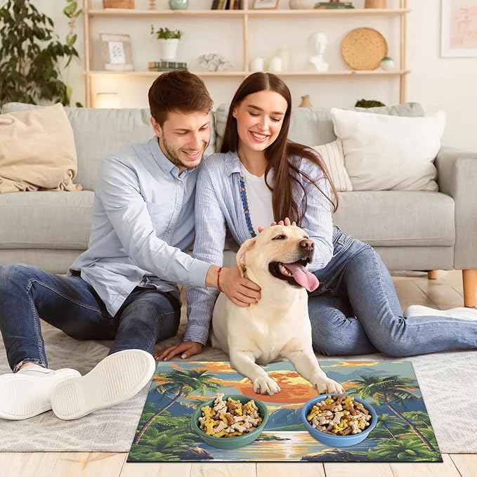 Sea Ocean Dog Food Mat for Floors Absorbent, Quick Dry Water Dispenser Mat for Food, Water, Pet Supplies 24" x 32", Palm Tree