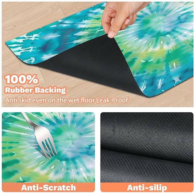 Tie Dye Dog Food Mat for Floors Absorbent, Quick Dry Water Dispenser Mat for Food, Water, Pet Supplies 24" x 32", Blue Green