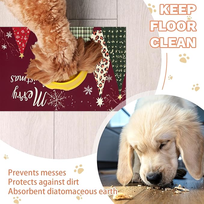 Christmas Tree Dog Food Mat for Floors Absorbent, Quick Dry Water Dispenser Mat for Food, Water, Pet Supplies 12" x 20", Merry Christmas