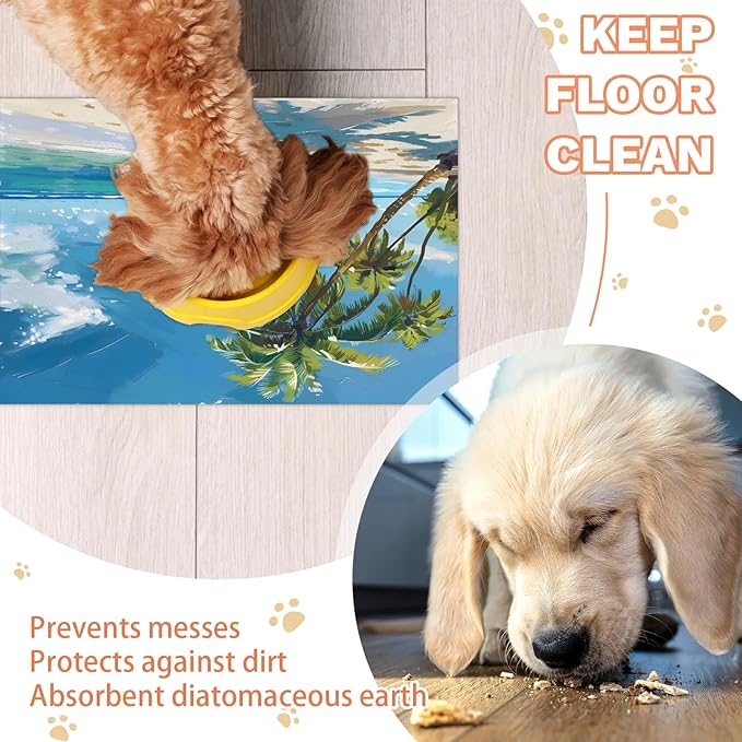 Ocean Beach Dog Food Mat for Floors Absorbent, Quick Dry Water Dispenser Mat for Food, Water, Pet Supplies 24" x 32", Tropical Palm Tree