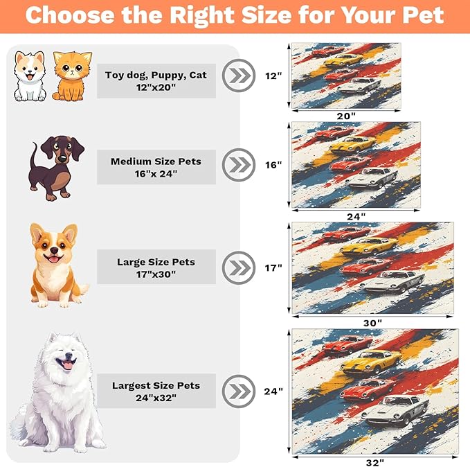 Race Car Dog Food Mat for Floors Absorbent, Quick Dry Water Dispenser Mat for Food, Water, Pet Supplies 24" x 32", Retro Car