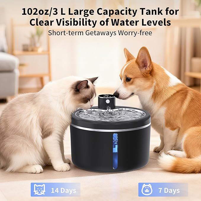 Cat Water Fountain Cordless, 108oz/3L Pet Fountains for Cats Indoor with Stainless Steel Tray, Battery Operated Cat Drinking Fountain with Motion Sensor, Ultra Quiet Pump (Black)