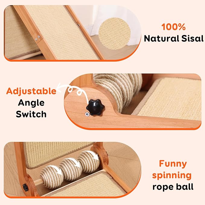 3 Transformable Shapes Cat Scratching Post - Adjustable L-Shape Sisal Scratcher with Multiple Fresh Fun Play Modes, 100% Natural Solid Beechwood& Sisal, Eco-Friendly Furniture Protector