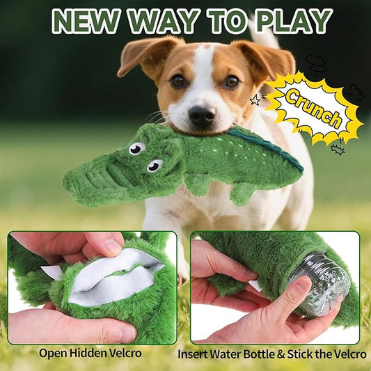 Mihachi No Stuffing Crinkle Dog Toys, 2-in-1 Holds Water Bottles - Cruncher with Puncture Resistant Squeaker, Dog Squeak Toys Plush Dogs Chew Toy for Puppy Small Medium Large Breed Chewer, Crocodile