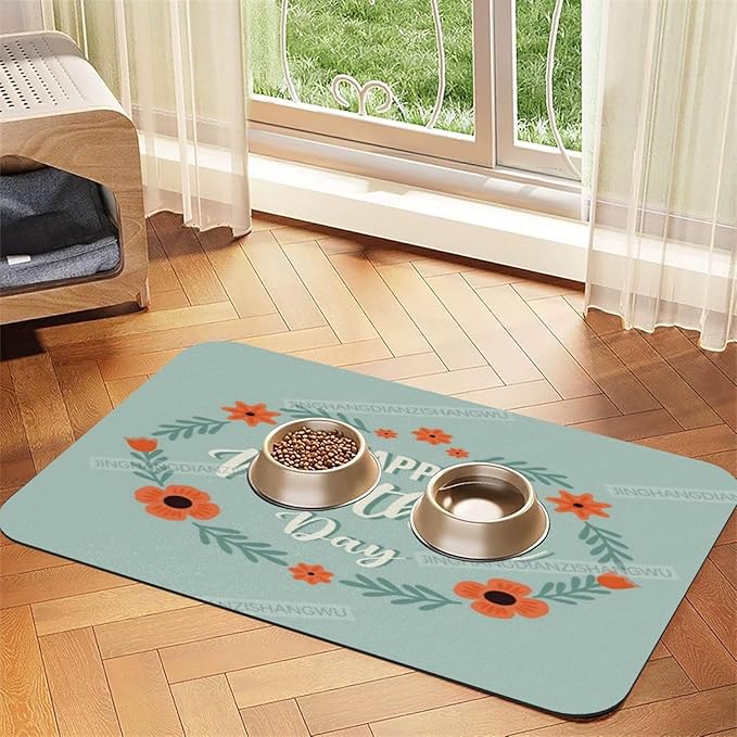 Dog Food Mats for Floors Happy Mother's Day Floral Gift Mom Bw Absorbent Pet Cat Food Mat Quick Dry Dog Bowl Mats for Water Pet Supplies 18X12In