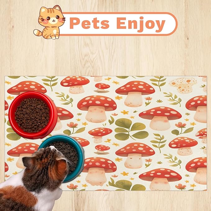 Red Mushroom Dog Food Mat for Floors Absorbent Dog Bowl Mat for Food and Water Dispenser Quick Dry Cat Food Placemat Pet Supplies 24" x 32", Green Leaf