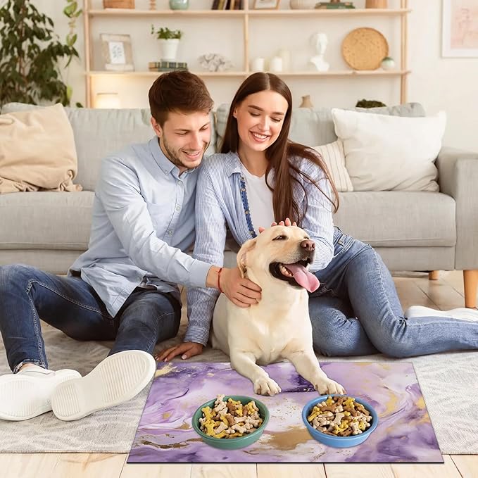 Purple Marble Dog Food Mat for Floors Absorbent, Quick Dry Water Dispenser Mat for Food, Water, Pet Supplies 12" x 20", Abstract