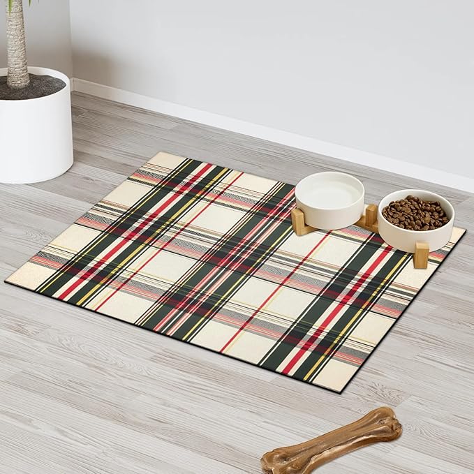 Tartan Plaids Dog Food Mat for Floors Absorbent, Quick Dry Water Dispenser Mat for Food, Water, Pet Supplies 24" x 32", Green White Check