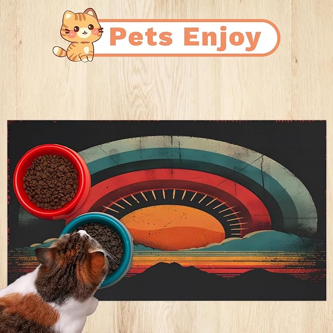 Boho Sunrise Dog Food Mat for Floors Absorbent, Quick Dry Water Dispenser Mat for Food, Water, Pet Supplies 16" x 24", Ocean