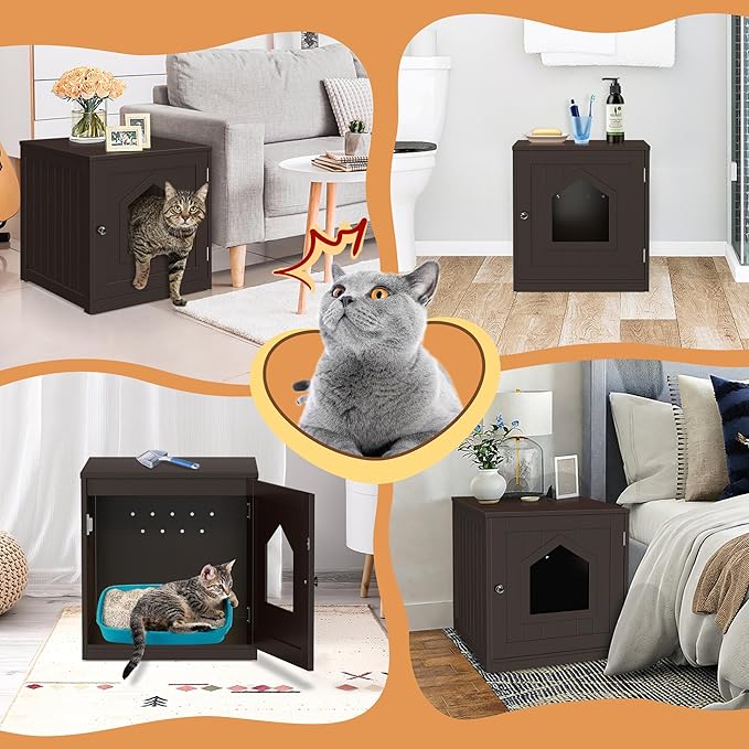 ZENY Cat Litter Box Furniture Hidden, Enclosed Cat Litter Box with Vent Holes, Indoor Cat Box Cabinet, Wooden Cat Washroom, End Table, Nightstand (Brown)