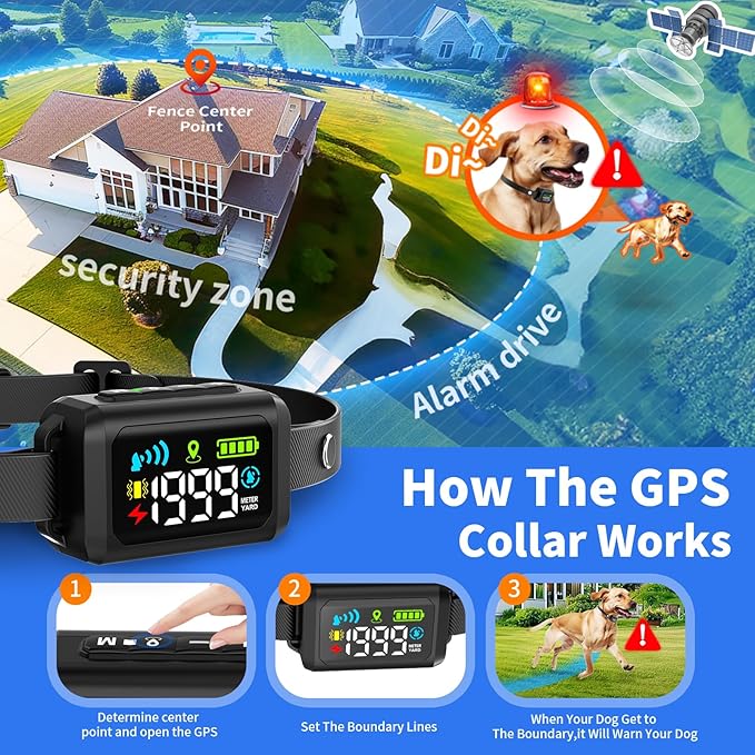 GPS Wireless Dog Fence System, Electric Fence for Dogs, Adjustable Range 99-5997ft, IPX7 Waterproof, Wireless Fence for Dogs, Pet Containment System for Outdoor Use